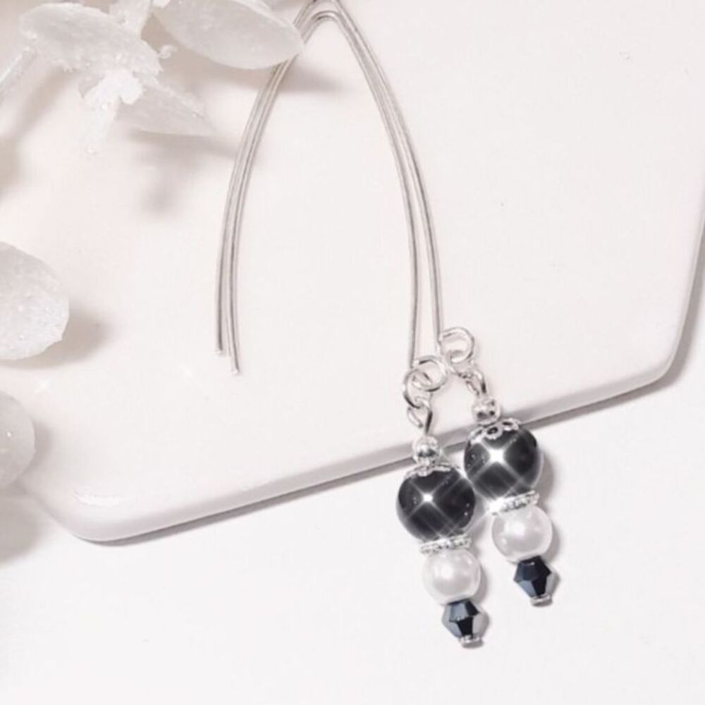 Earrings  044L# Glass pearl black white earrings long drop earrings twee regency